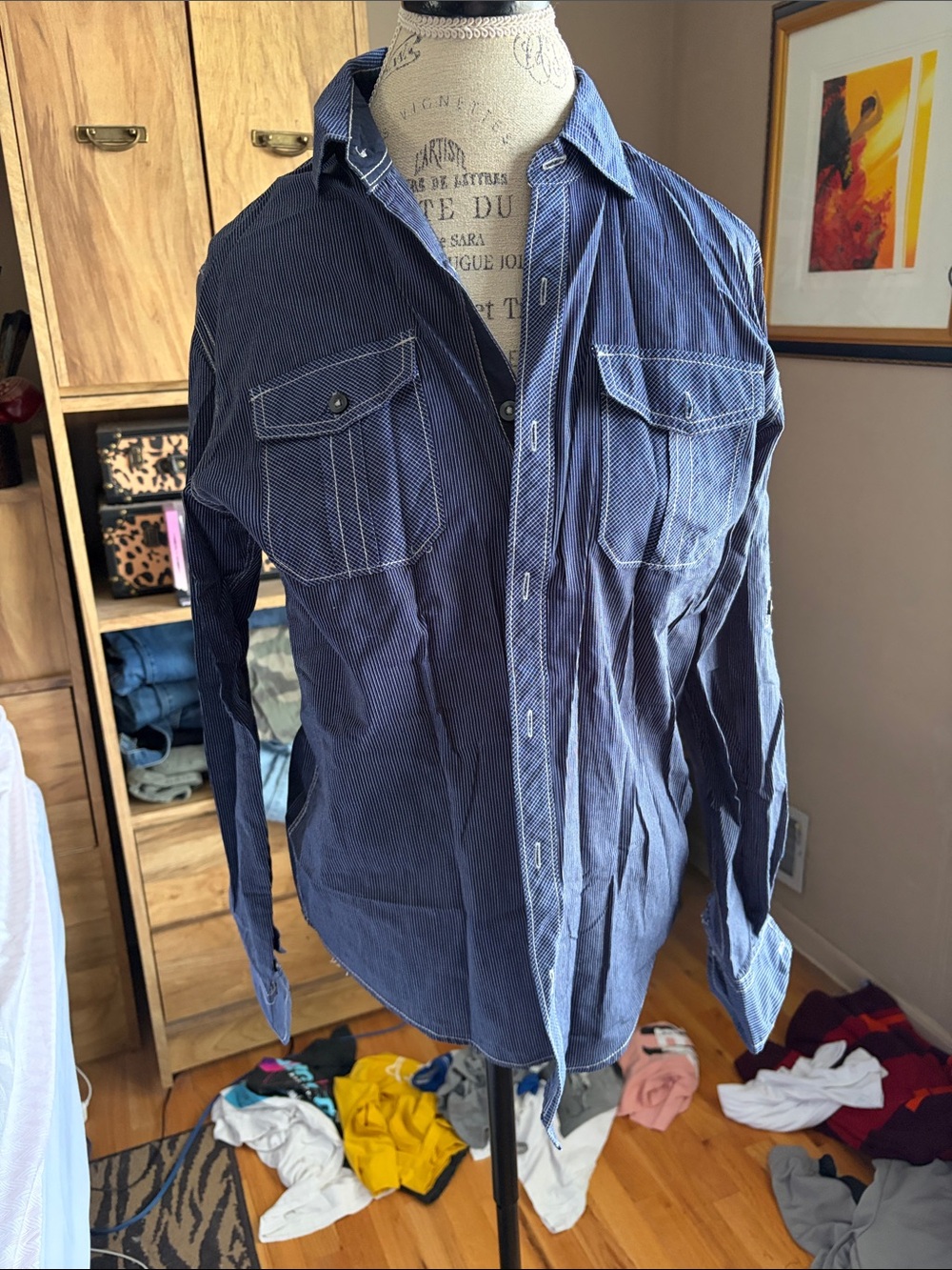 Striped Michael Brandon Navy Button-Up Shirt - Small
